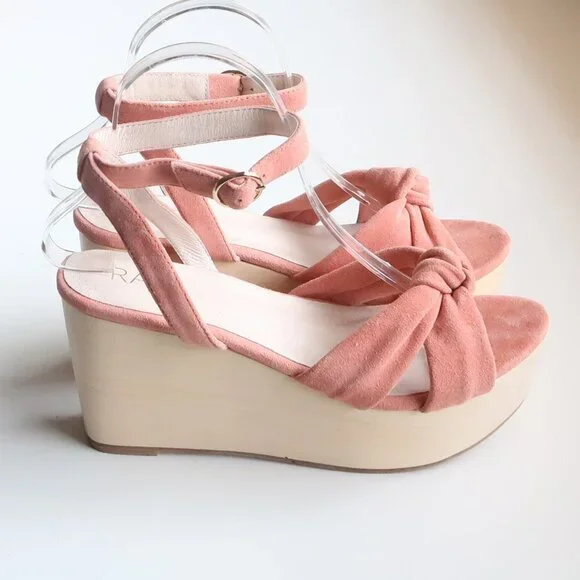 Revolve RAYE Faye Peach Suede Leather Wooden Platform Wedge Ankle Strap Sandals